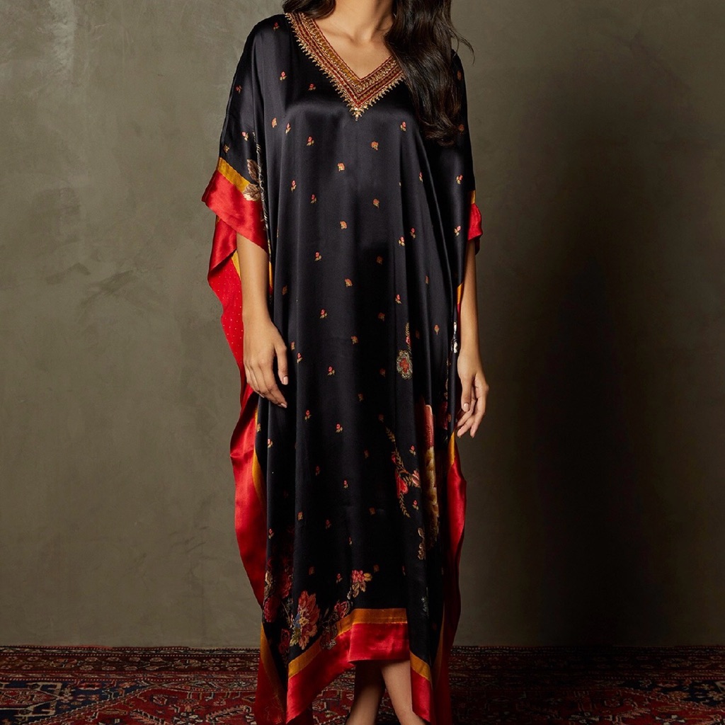 Elegant Black And Red Satin Kaftan